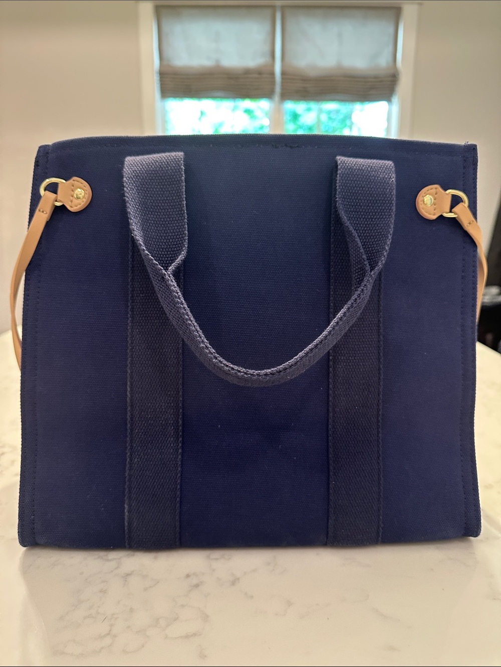 Structured Navy Canvas Tote Bag with Leather Accents
